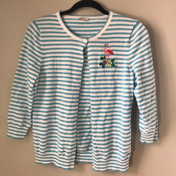 Talbots small blue white striped 3/4 sleeve embroidered button up knit cardigan - Picture 1 of 9